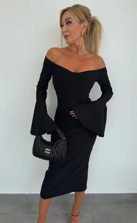 Women's Off-Shoulder Bodycon Midi Dress with Flared Sleeves Ivyshape