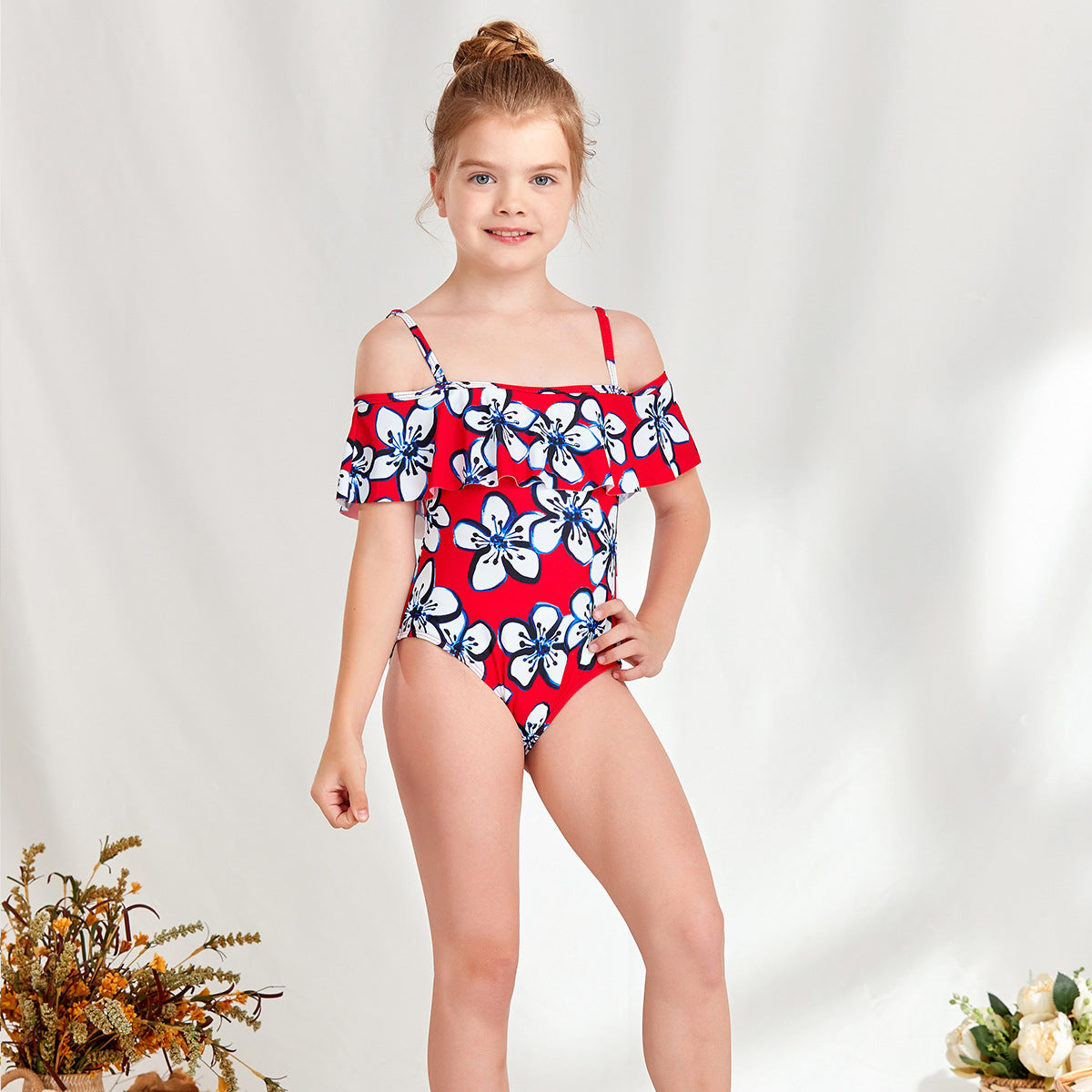 Women's One-Piece Swimsuit with Off-Shoulder Design and Floral Ruffle Elements Ivyshape