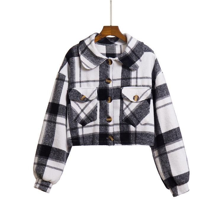 Women's fashionable plaid jacket with cropped cut and practical pockets Ivyshape