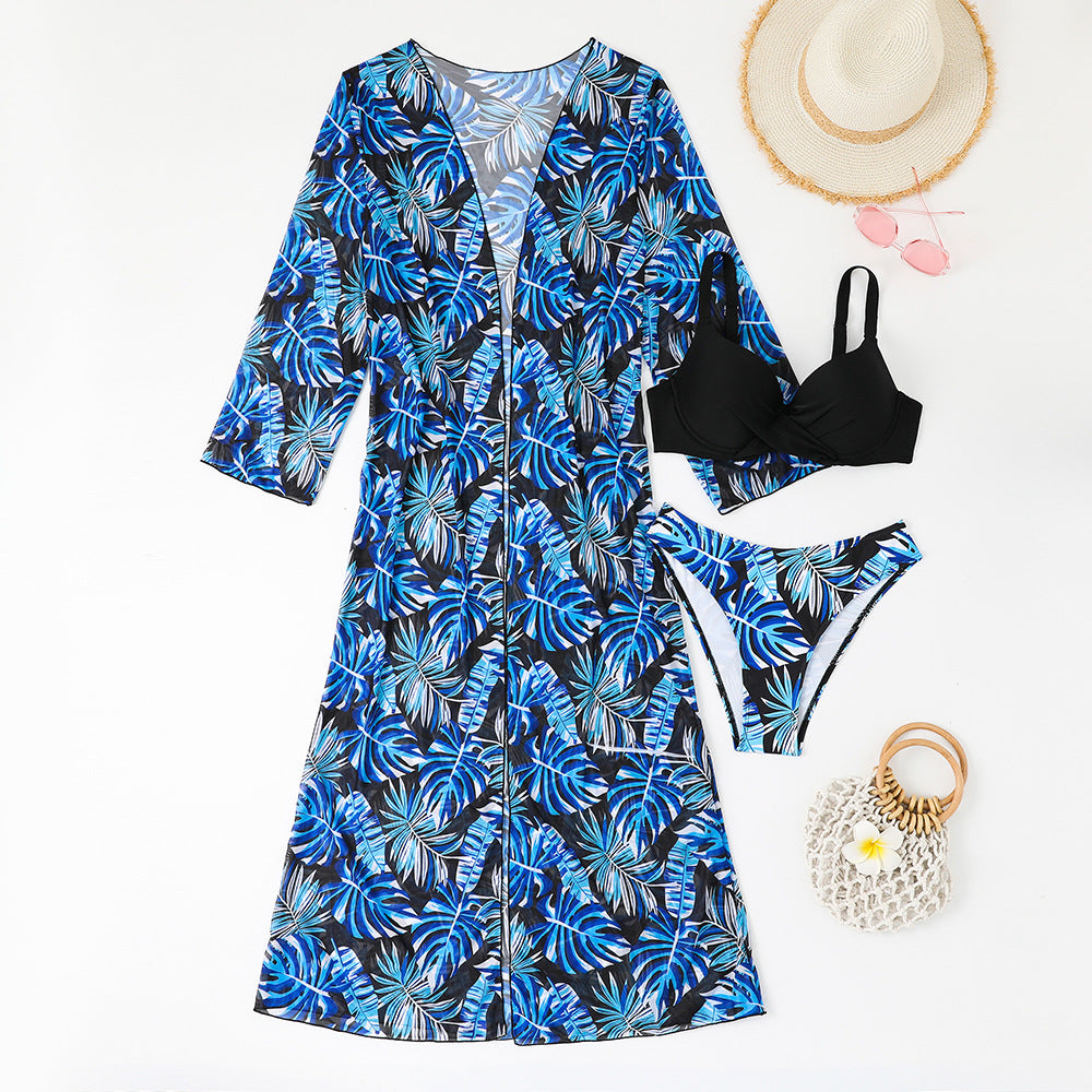 Women’s beach dress with contrasting bikini set and tropical pattern Ivyshape