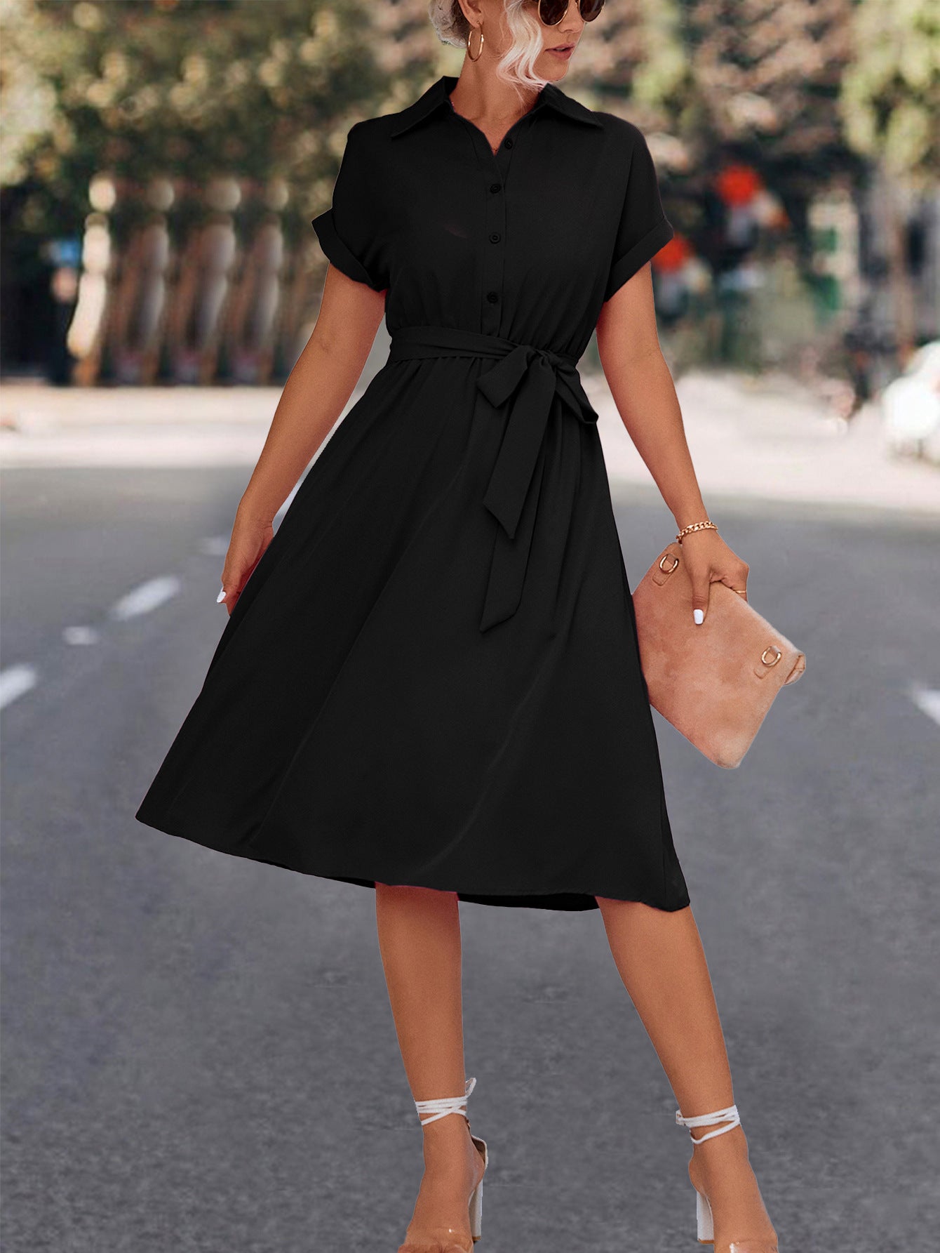 Women's Knee-Length Shirt Dress with Waist Belt and Elegant V-Neck Ivyshape