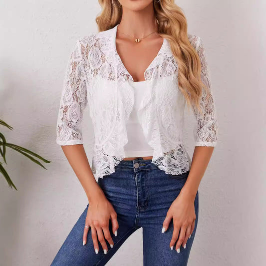 IvyShape | Ruffled Open Placket Short Lace Top