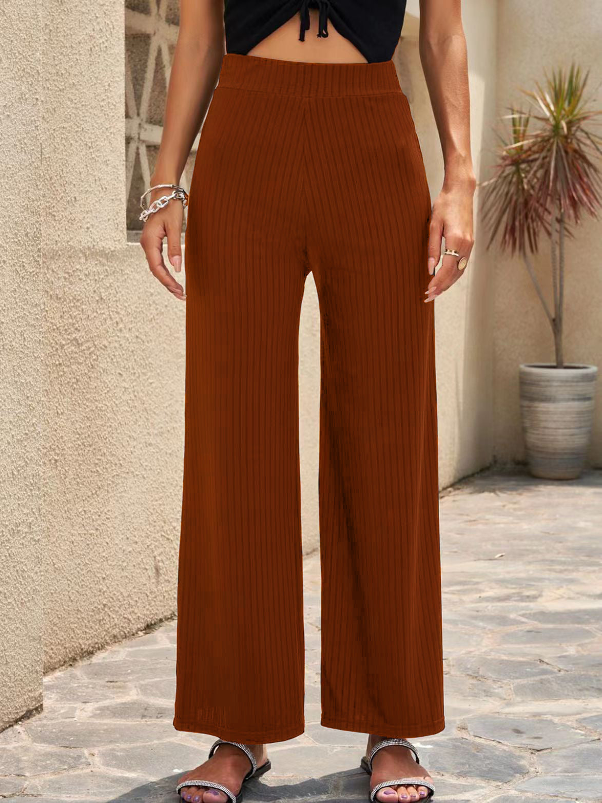Ladies wide, striped pleated trousers with high waistband and elastic waistband Ivyshape