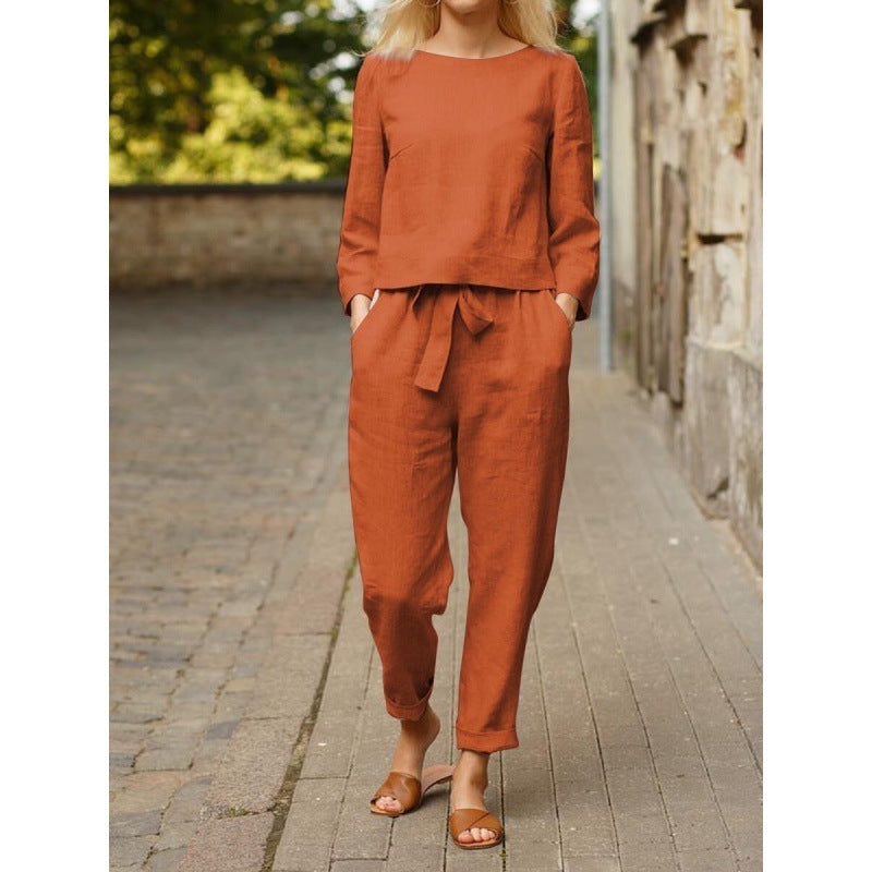 Women's Casual Linen Set with Elegant Top and Loose Pants Ivyshape