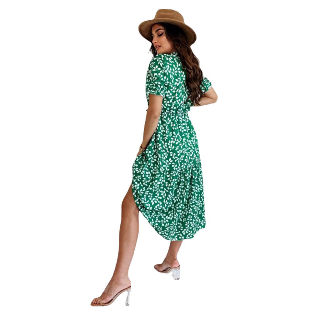 IvyShape | Short Sleeve Floral Printed Waist-Cinched Flared Maxi Dress