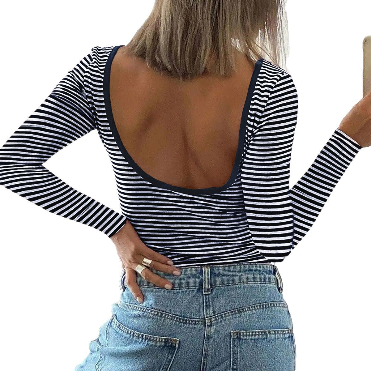 IvyShape | Striped Color Block Backless Long Sleeve Tee