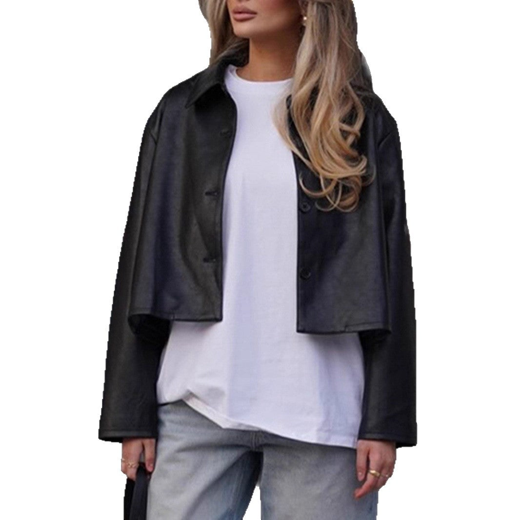 Women Fashionable cropped Faux Leather Jacket with Stylish Details Ivyshape