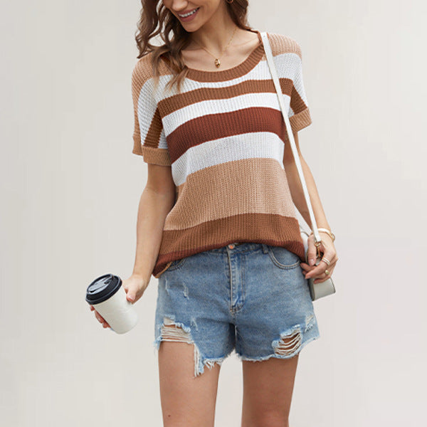 IvyShape | Spliced striped casual knit top