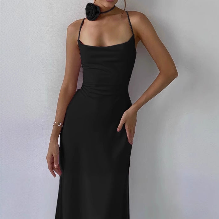 Ladies Elegant Bodkon Cotton Maxi Dress with Slim Spaghetti Straps and Deep Neckline Ivyshape