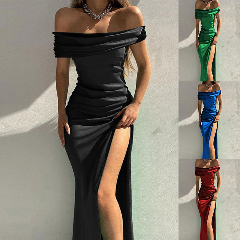 IvyShape | Alluring Solid Color Off-Shoulder Slit Long Skirt