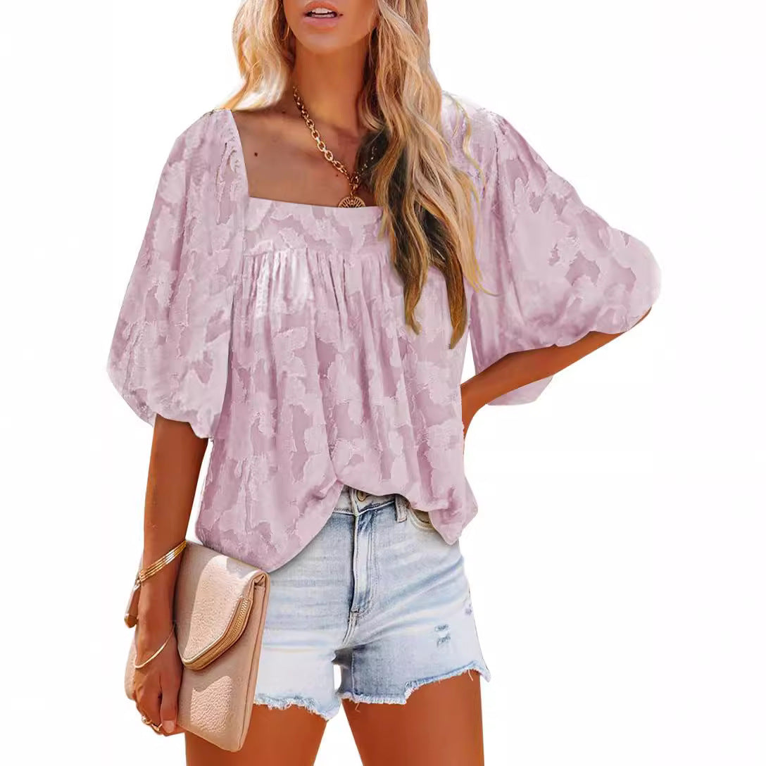 Women's Oversized Blouse Shirt with Balloon Sleeves and Subtle Pattern Ivyshape