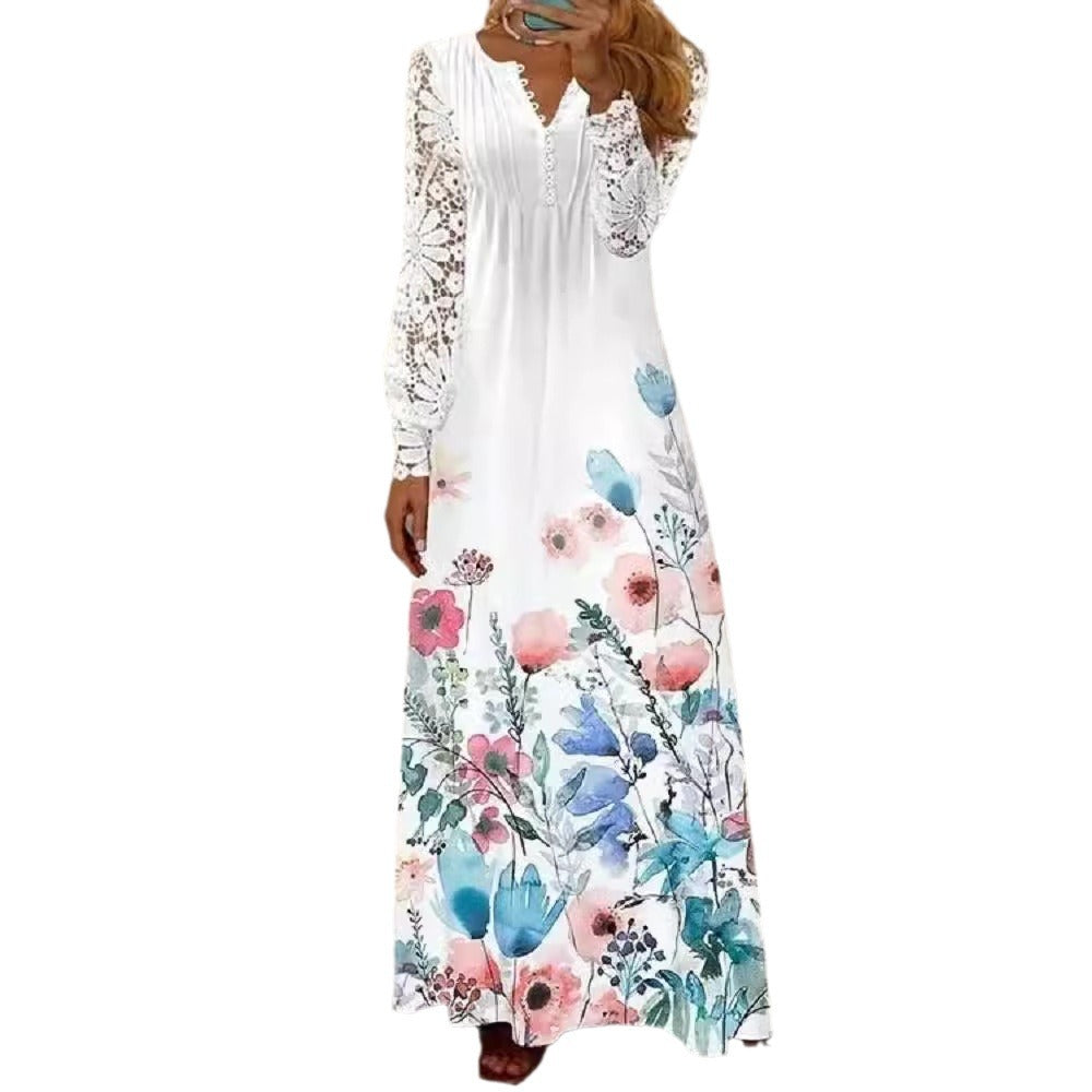 IvyShape | Fashionable European Printed Lace Long Sleeve Dress