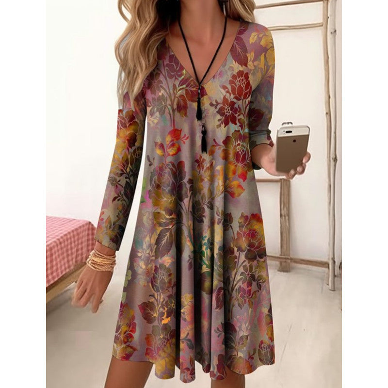 Women's V-neck casual dress with floral design and side pockets Ivyshape