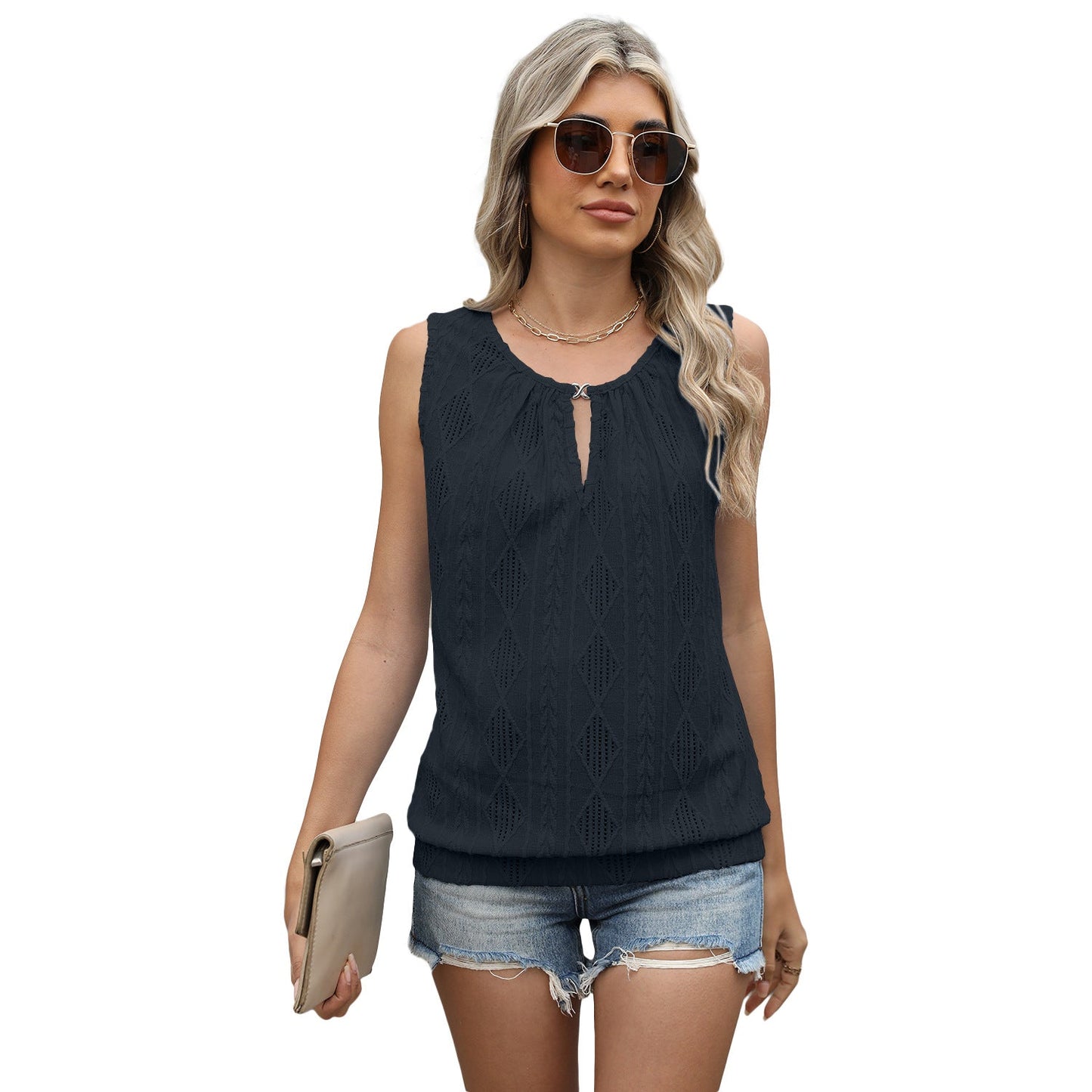 IvyShape | Button V-Neck Jacquard Sleeveless Vest Top