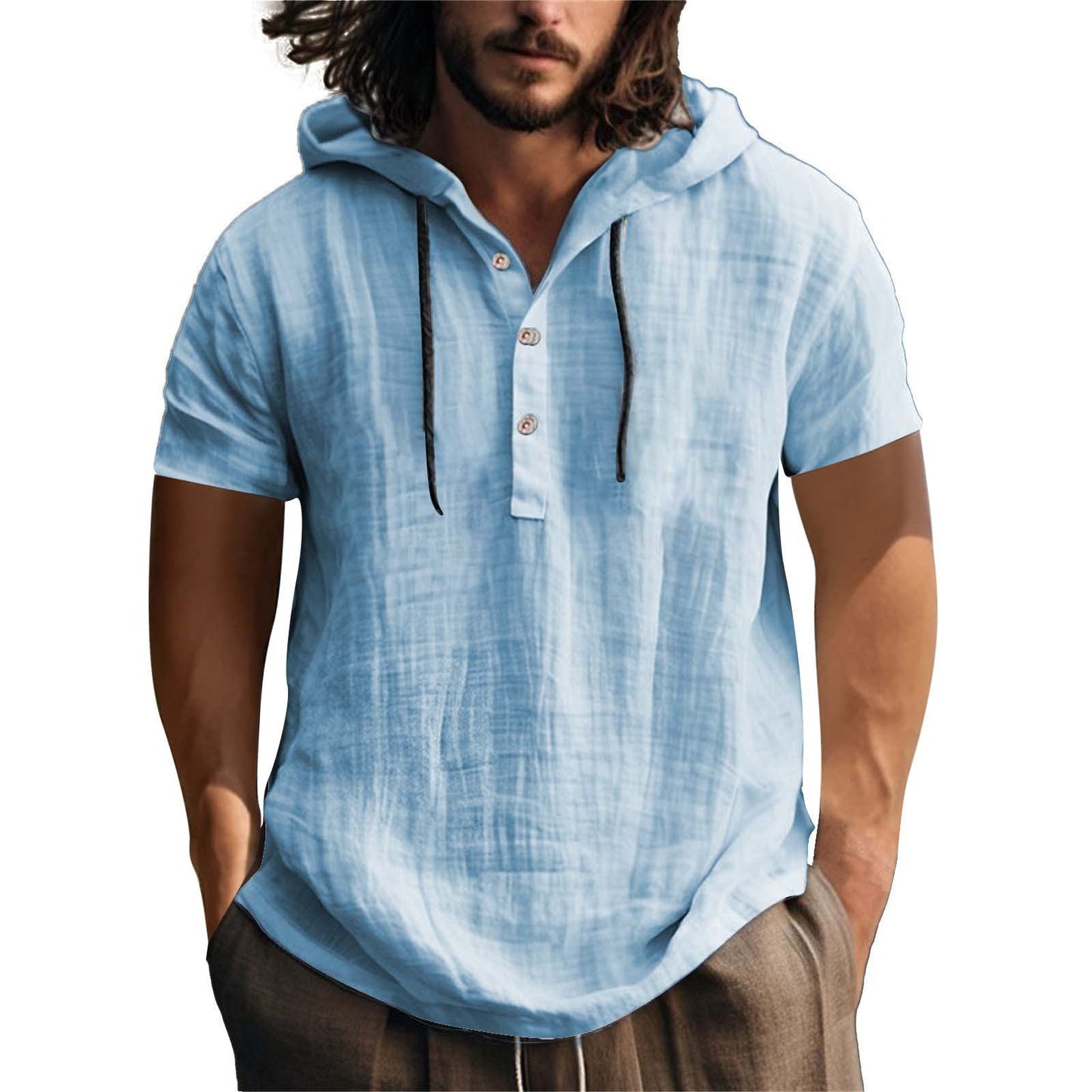 Men's Casual Short Sleeve Hoodie with Placket Ivyshape
