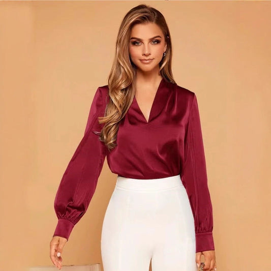 IvyShape | V-Neck Long Sleeve Satin Blouse