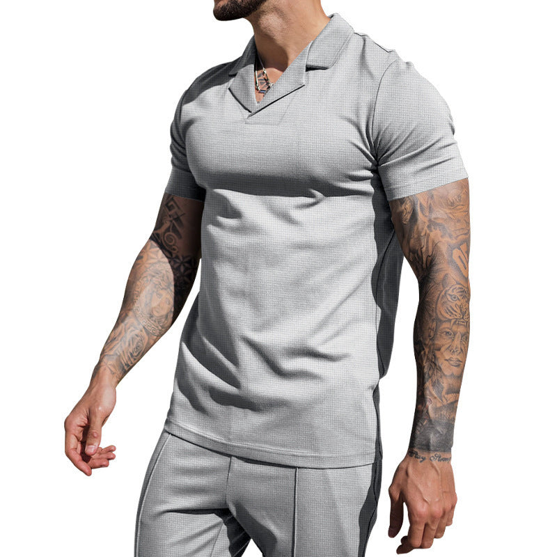 Men's short sleeve shirt with classic Henley neckline and textured surface Ivyshape