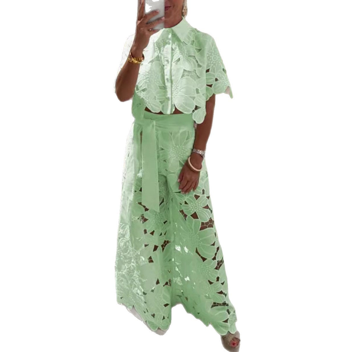 Women Elegant Summer Suit with Floral Lace Overlay Ivyshape