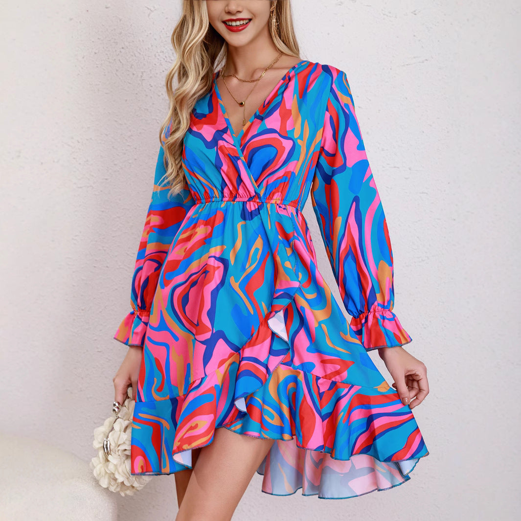 Women's Short Dress with Wrap Design and Cheerful Pattern Ivyshape