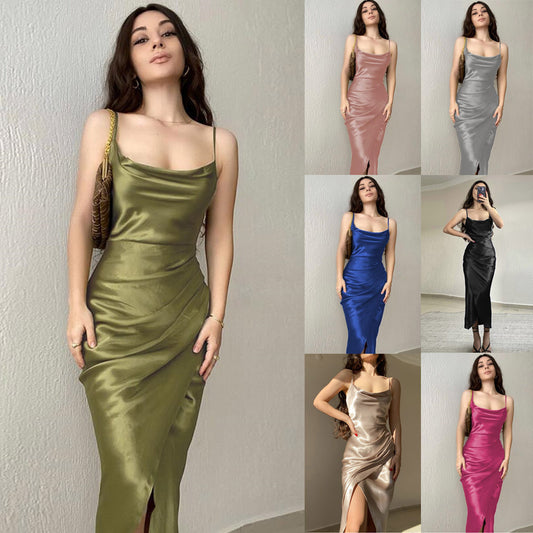 Women's modern satin midi dress with elegant waterfall neckline and side slit Ivyshape