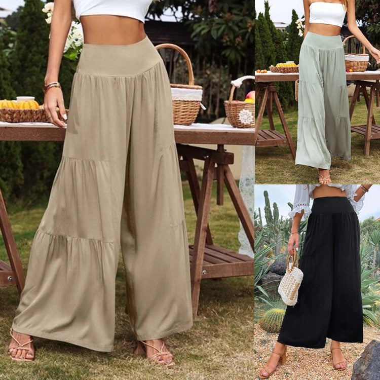 Women's wide-cut summer palazzo pants with high waist and pleated details Ivyshape