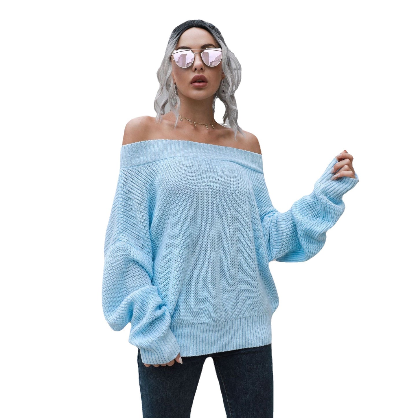 Women's Off-Shoulder Knit Sweater with Casual Cut and Voluminous Sleeves Ivyshape