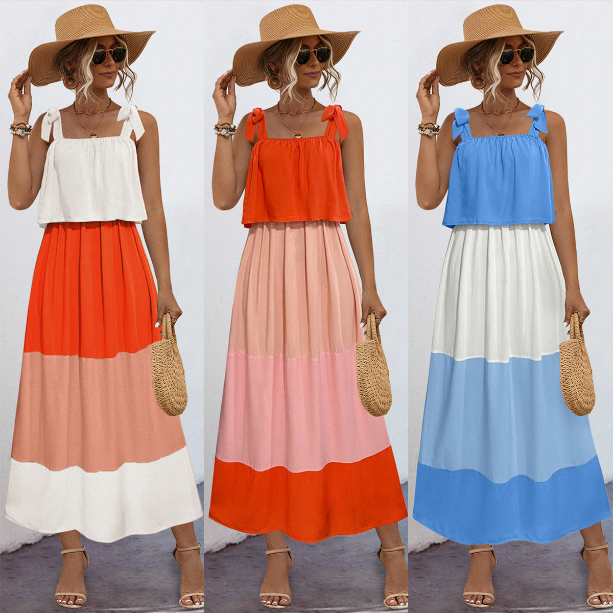 Ladies summer maxi dress with playful bandeau top and flowing skirt Ivyshape