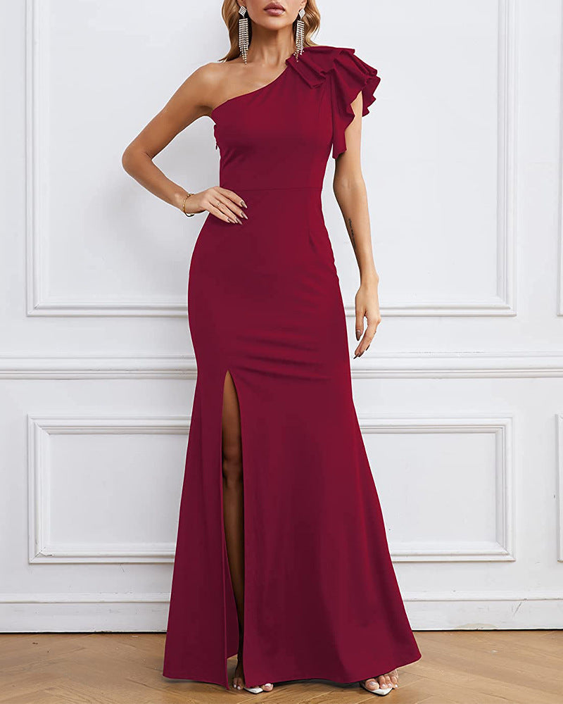 Women Elegant Wrap Dress with Asymmetric Ruffle Ivyshape