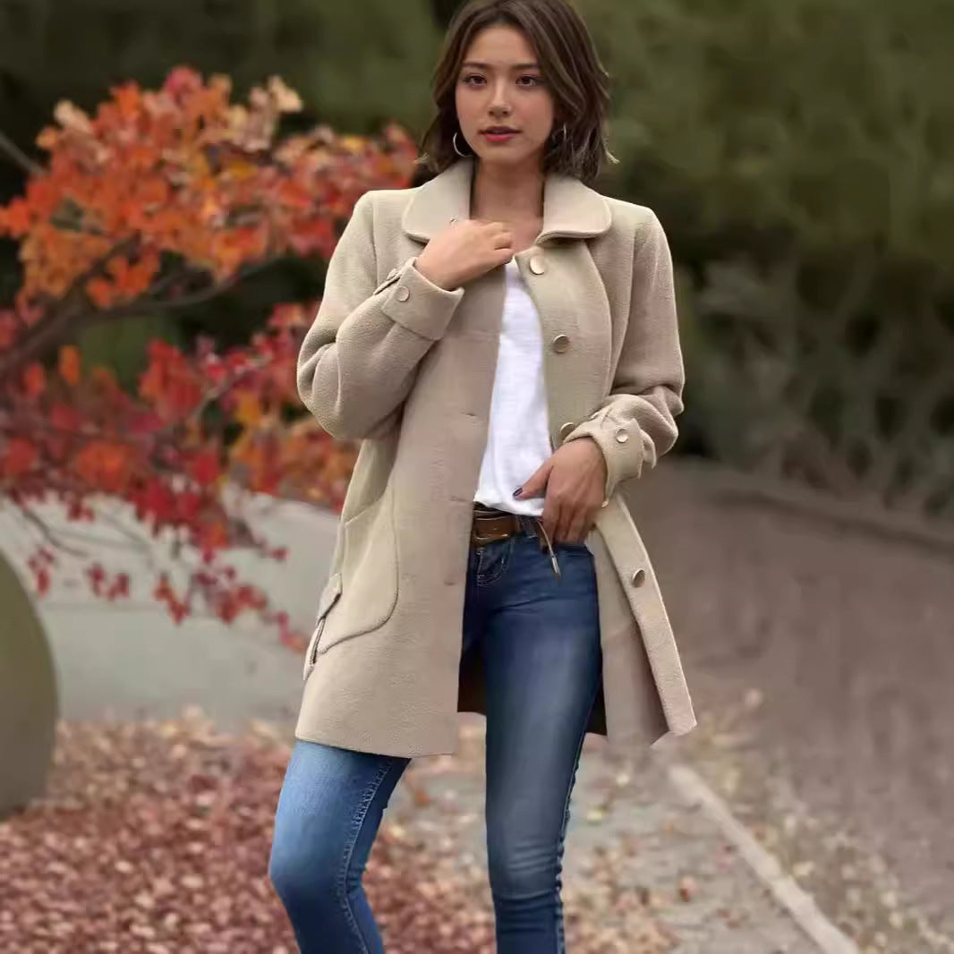 Ladies Stylish Wool Jacket with Practical Pockets and Button Details Ivyshape