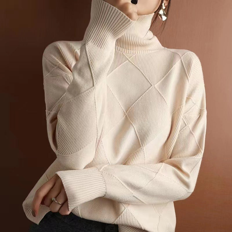 Women's high-quality knitted sweater with standing collar and extravagant diamond pattern Ivyshape