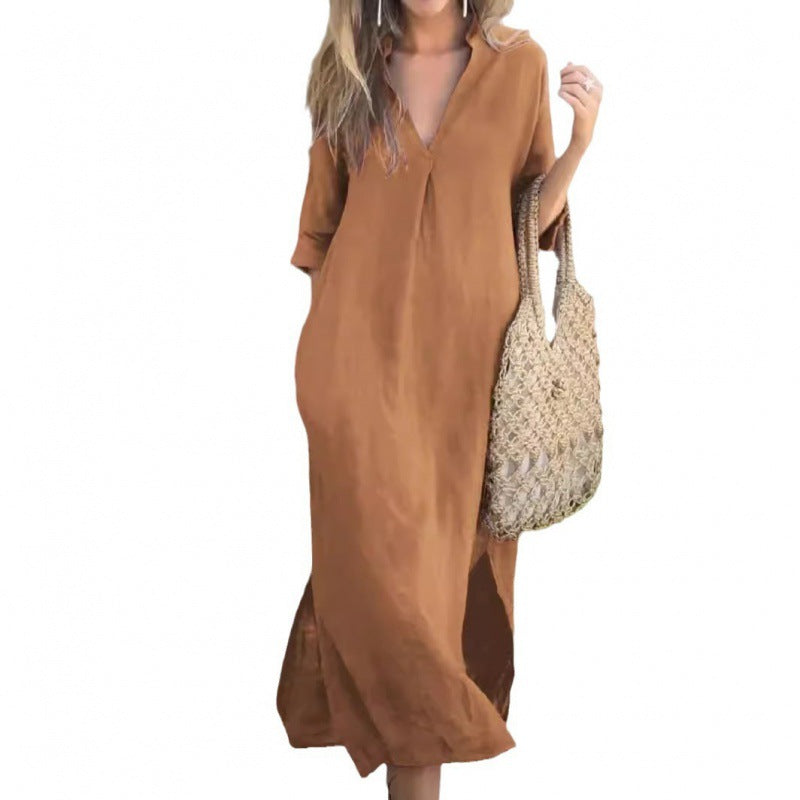 Women's Casual Maxi Dress with V-Neck and Practical Side Slits Ivyshape