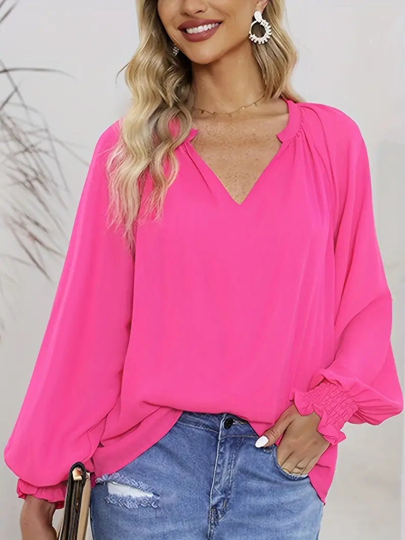 Women Elegant V-Neck Blouse with Puff Sleeves Ivyshape