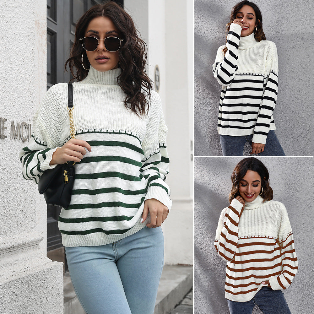 Ladies Comfortable Turtleneck Sweater with Modern Stripe Pattern Ivyshape