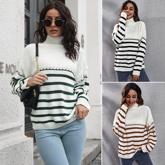 Ladies Comfortable Turtleneck Sweater with Modern Stripe Pattern Ivyshape