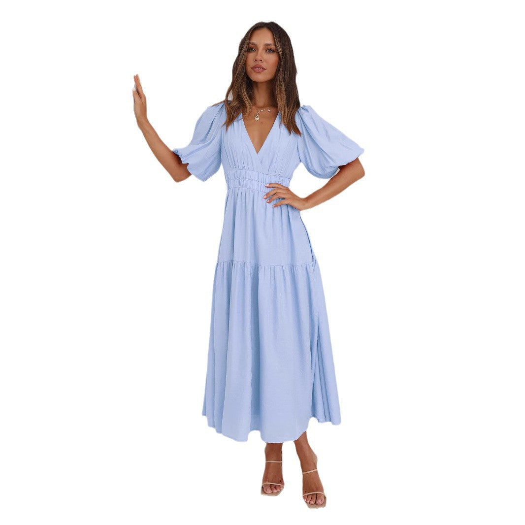 Women's Maxi Dress with V-Neck and Puff Sleeves Ivyshape