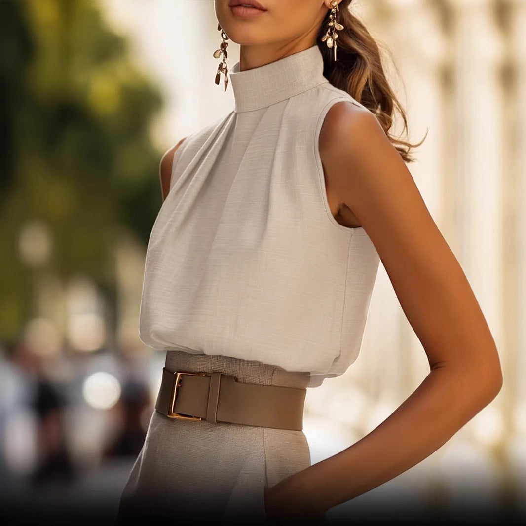 Women's Elegant Blouse Shirt with Stand Collar and Draped Pleats Ivyshape