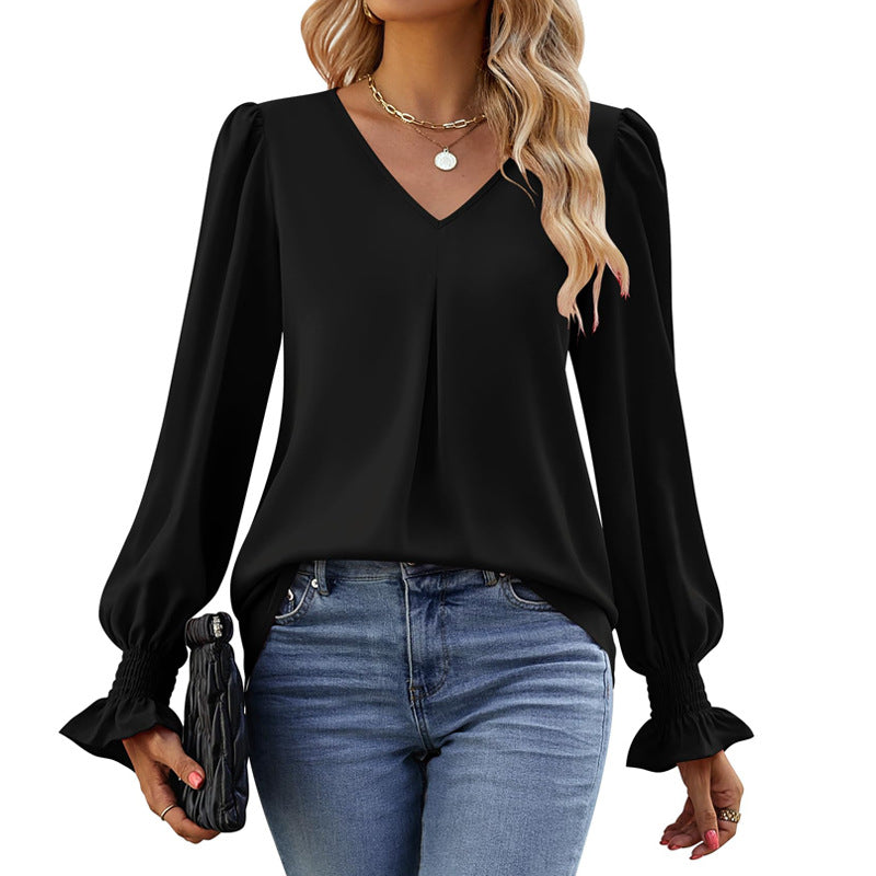 IvyShape | Solid Color V-Neck Puff Sleeve Long Sleeve Top