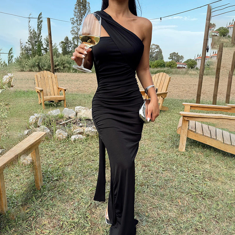 Women Elegant Tailored Evening Dress with Asymmetrical Neckline and Flowing Chiffon Ivyshape