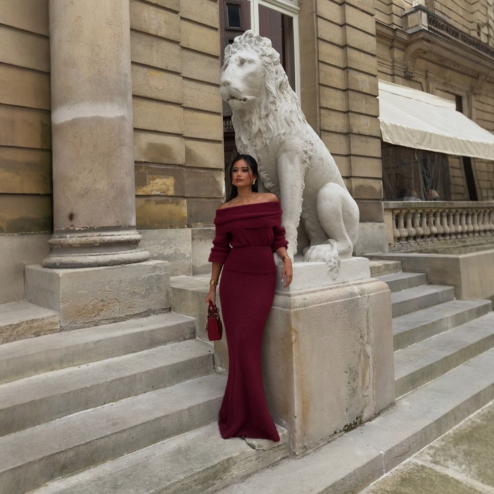 Women's Knit Maxi Dress with Off-Shoulder Neckline and Voluminous Sleeves Ivyshape