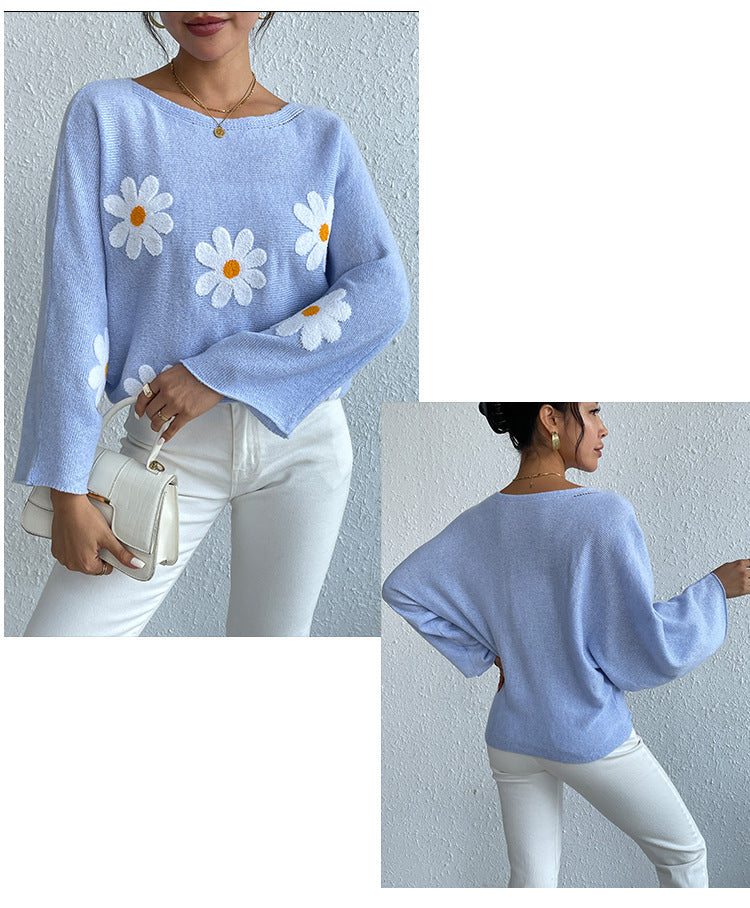 IvyShape | Floral Embroidery One-Shoulder Pullover Sweater