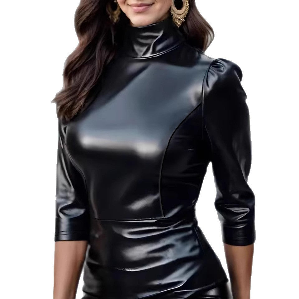 Women Elegant Top made of high-quality faux leather with high collar Ivyshape