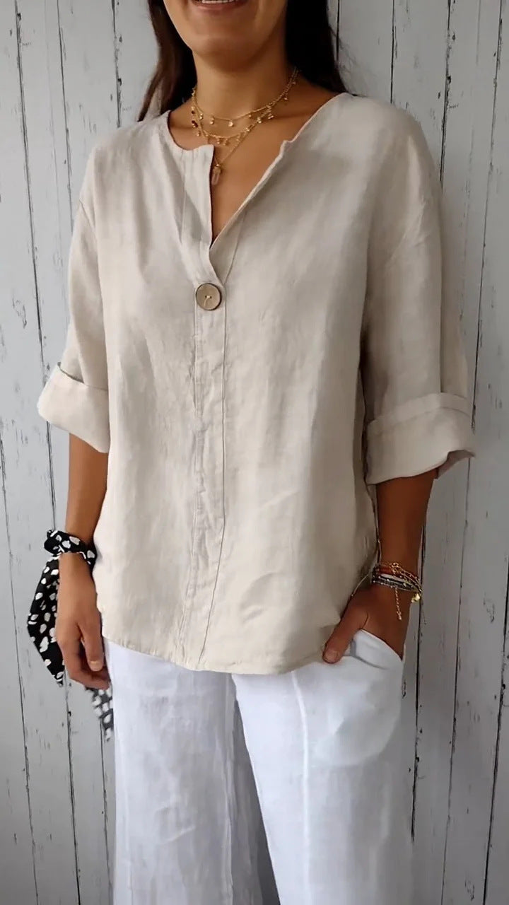 IvyShape | V-Neck Cotton Linen Button Shirt Top