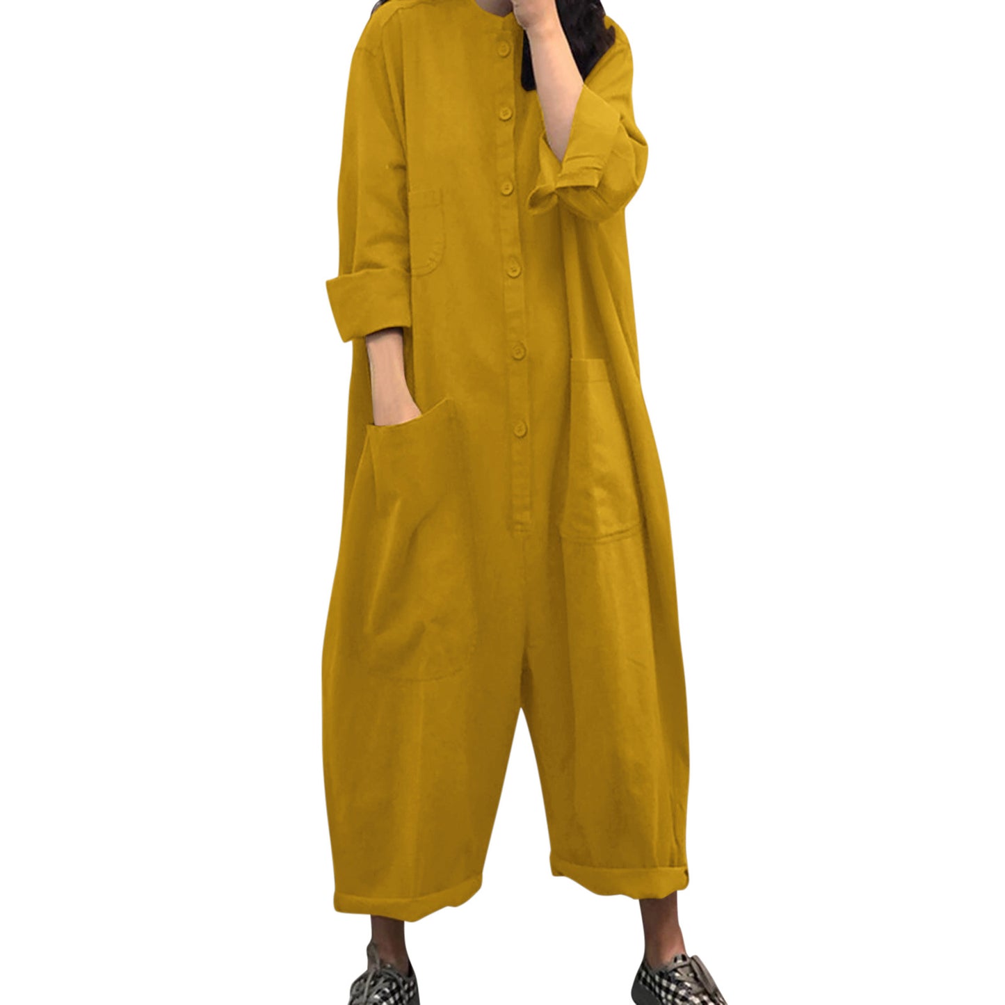 Women's Casual Jumpsuit with Oversized Pockets and Button Closure Ivyshape