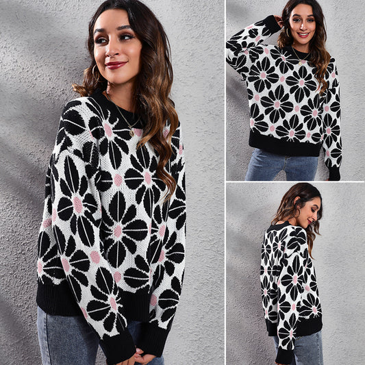 Ladies patterned knit sweater with floral design and high collar Ivyshape