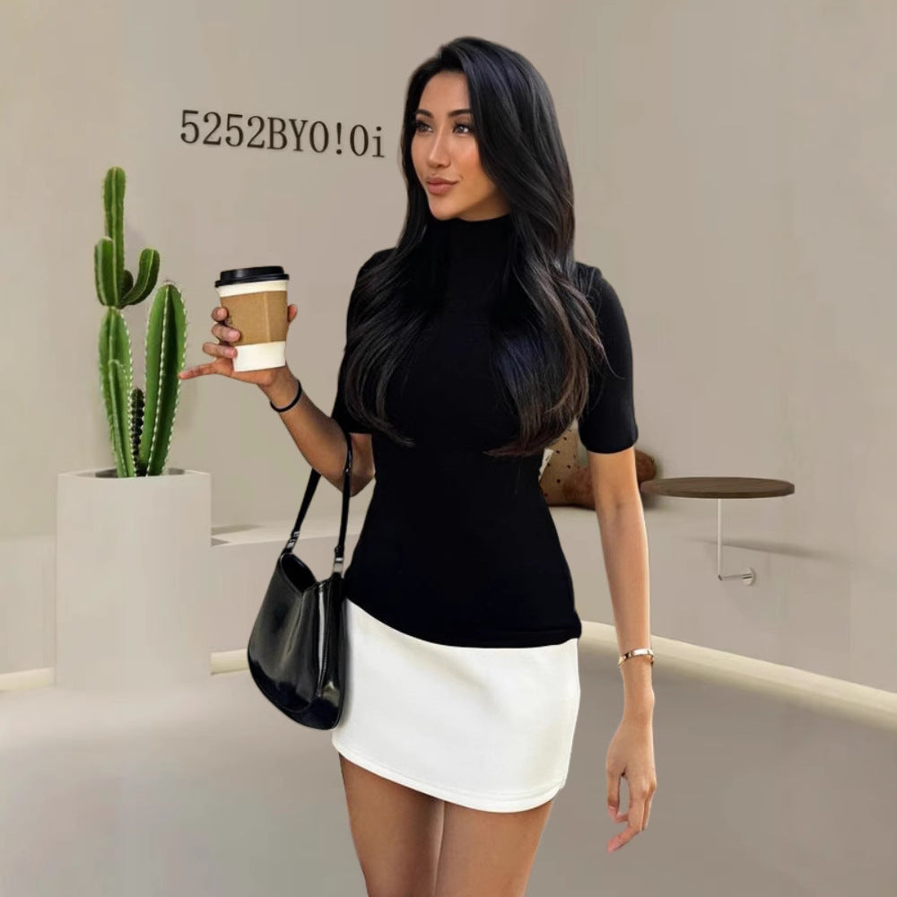 Women Elegant Top with High Collar and Short Sleeves Ivyshape