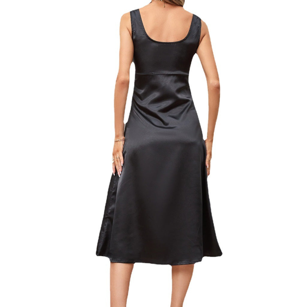 Women's Summery Satin Dress with Deep V-Neck and Asymmetric Hem Ivyshape