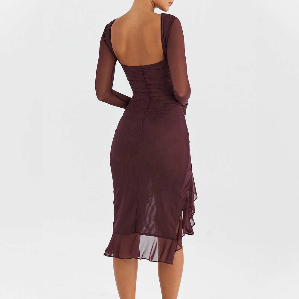 Women elegant wrap dress with transparent long sleeves and asymmetrical hem Ivyshape