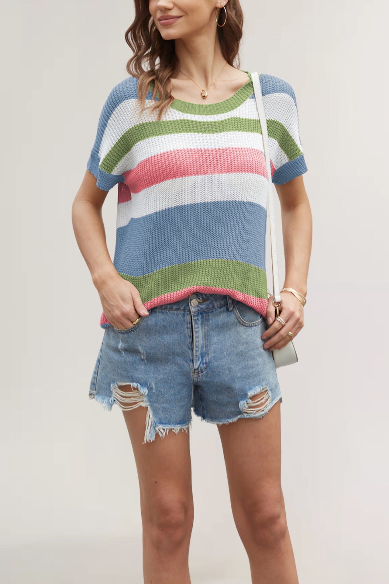 IvyShape | Spliced striped casual knit top