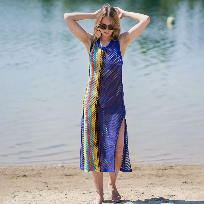 Ladies net dress with side slits and colorful design Ivyshape