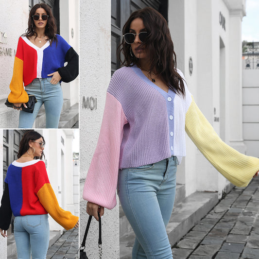 Women's Large Knitted Sweater with Color Block Design Ivyshape